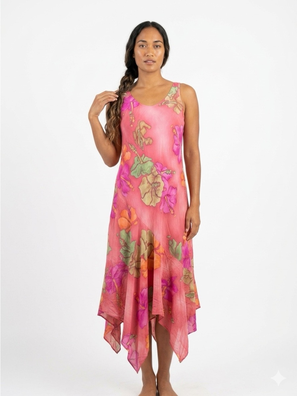 Vintage Jams World Batik Hibiscus Pink Hank Hanky Dress Small Y2K Fairy Hem